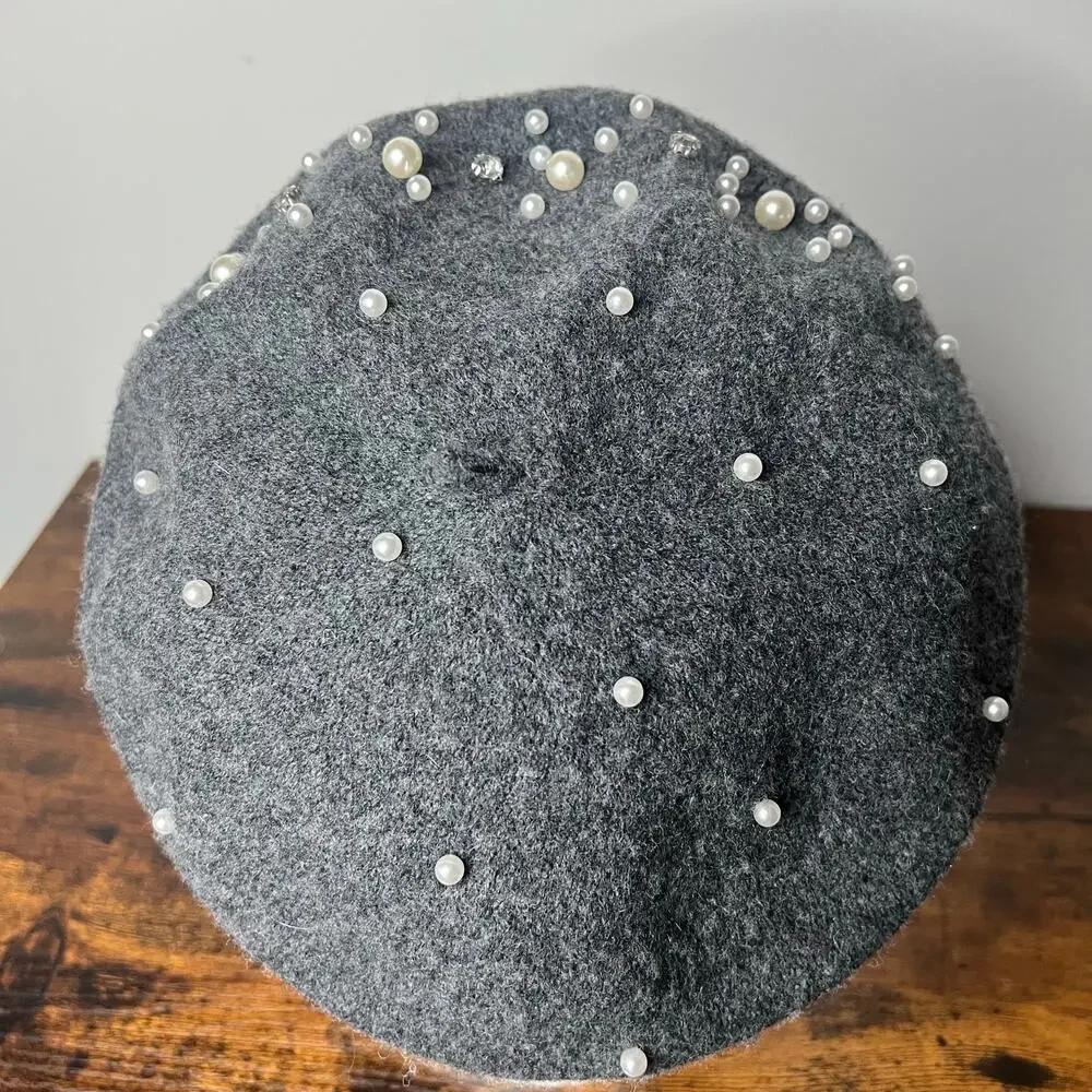 Marcus Adler New York Women's Beret Wool Blend Gray Beaded Pearls & Rhinestones